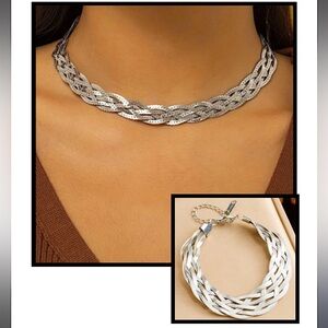 Elegant Sterling Silver Braided Woven Necklace, Matching Weave Bracelet